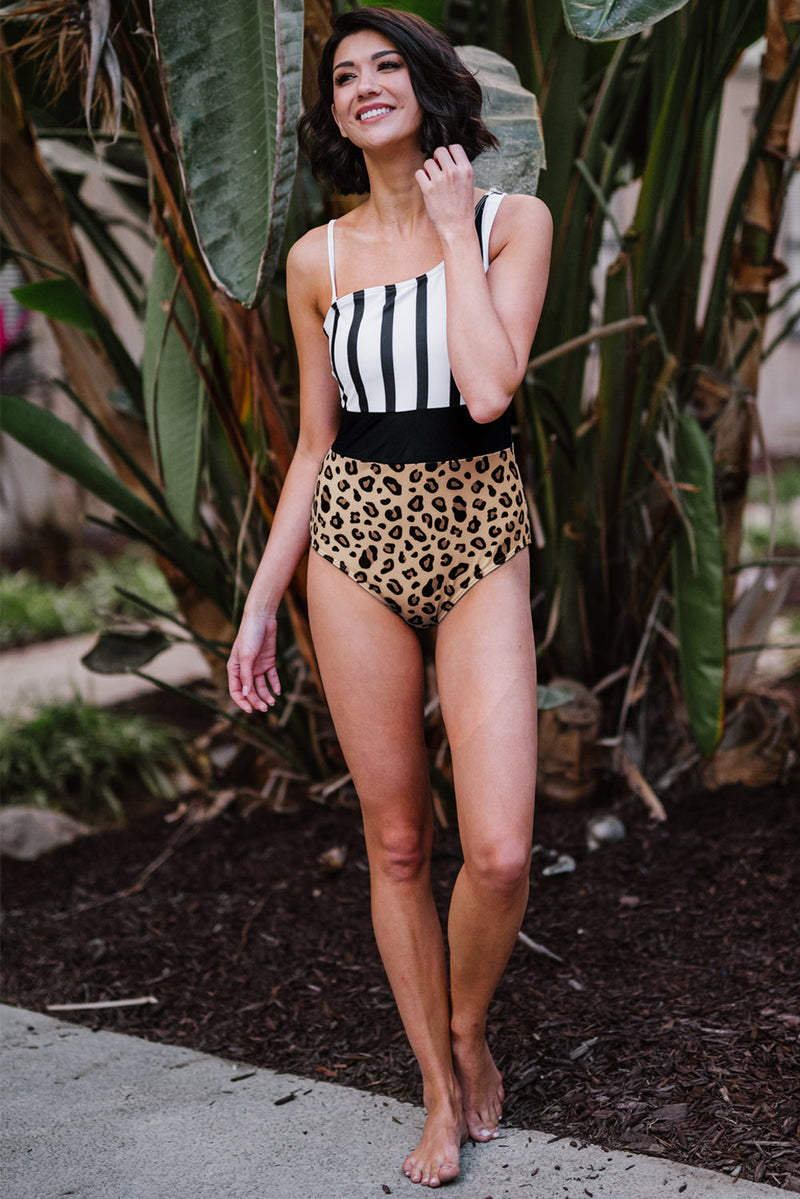 KaleaBoutique Leopard & Stripes One-Piece Swimwear - KaleaBoutique.com