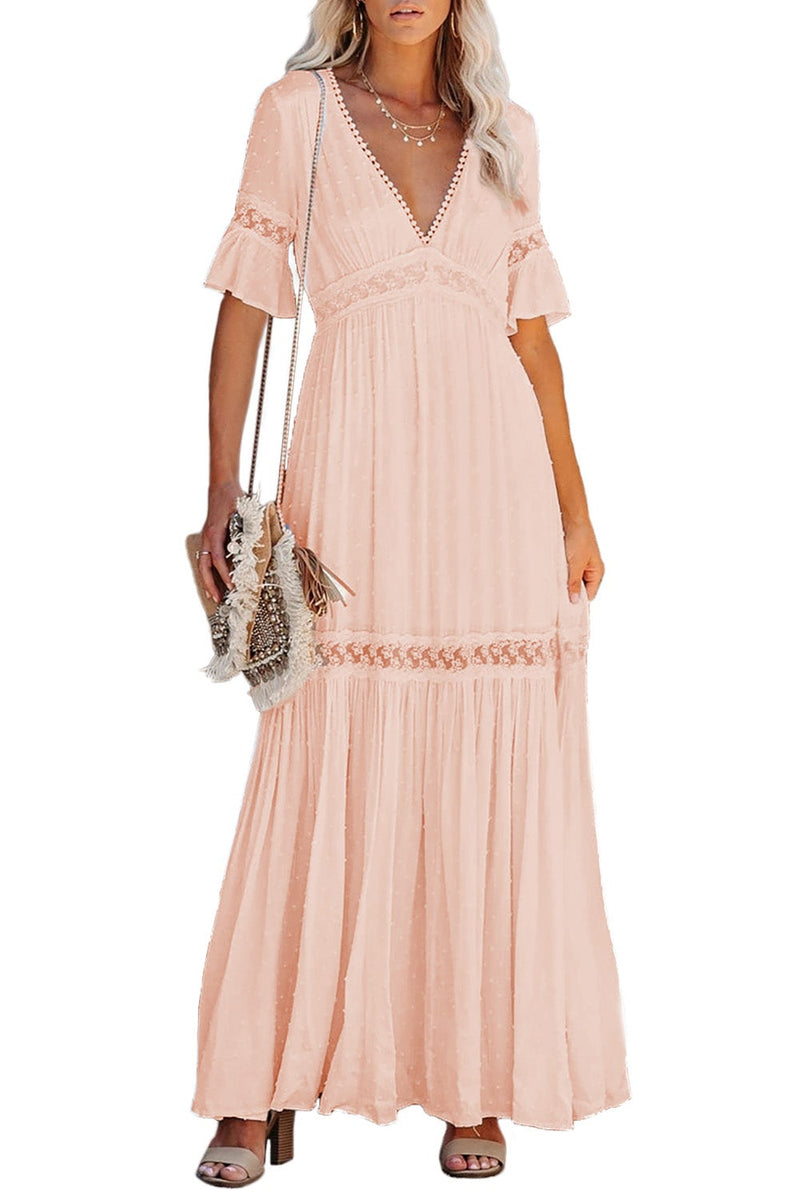 KaleaBoutique Stylish Swiss Dot Lace Trim Maxi Dress - KaleaBoutique.com