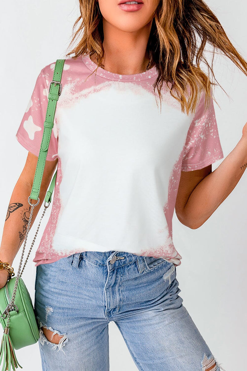 KaleaBoutique Tie Dye Color Bleached Solid Front Crew Neck Short Sleeve T Shirt Top - KaleaBoutique.com