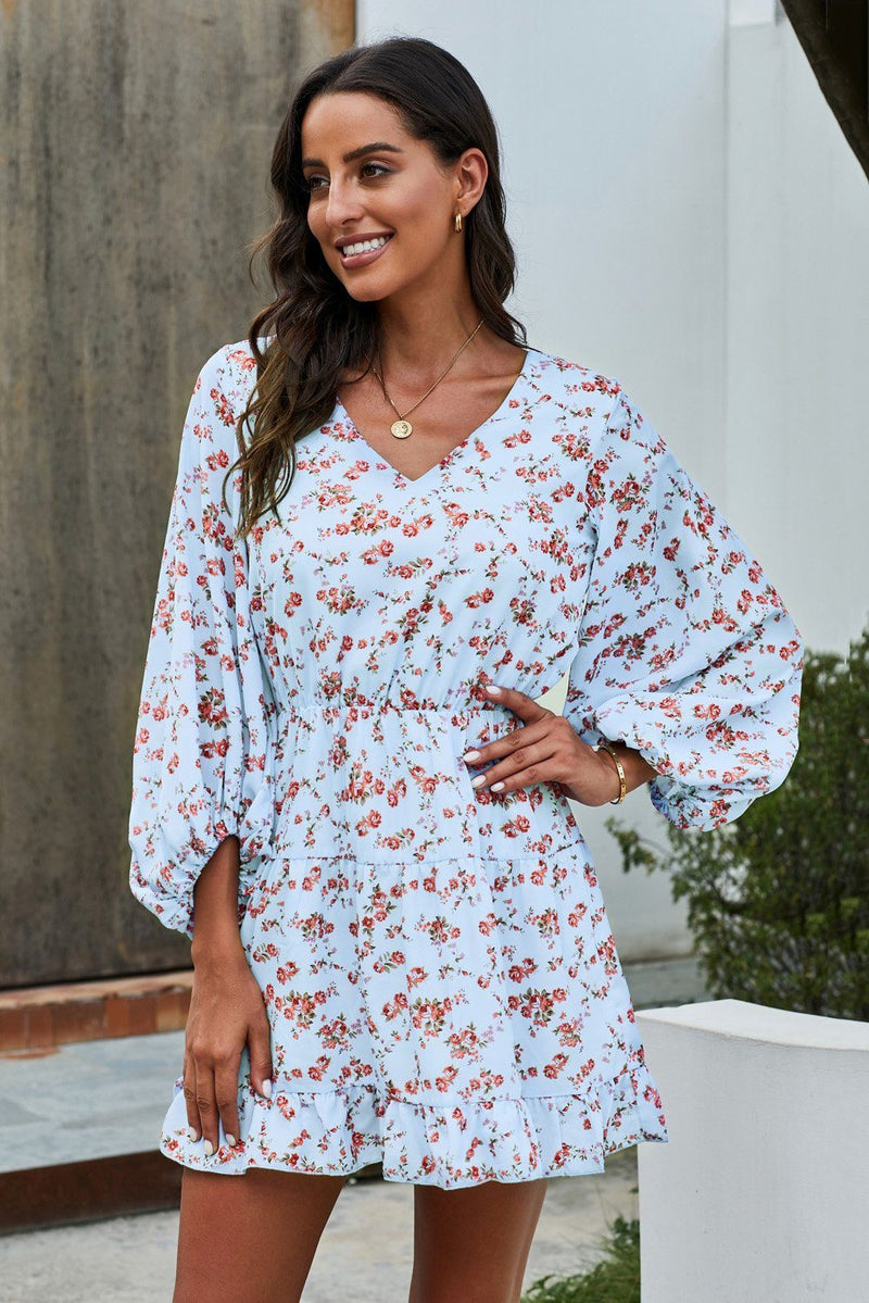 KaleaBoutique Beautiful V Neck Lantern Sleeves Floral Tunic Dress - KaleaBoutique.com