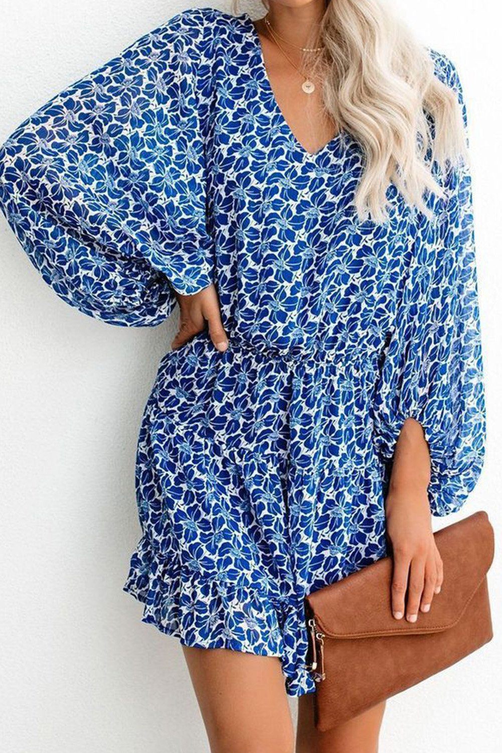 KaleaBoutique Beautiful V Neck Lantern Sleeves Floral Tunic Dress - KaleaBoutique.com