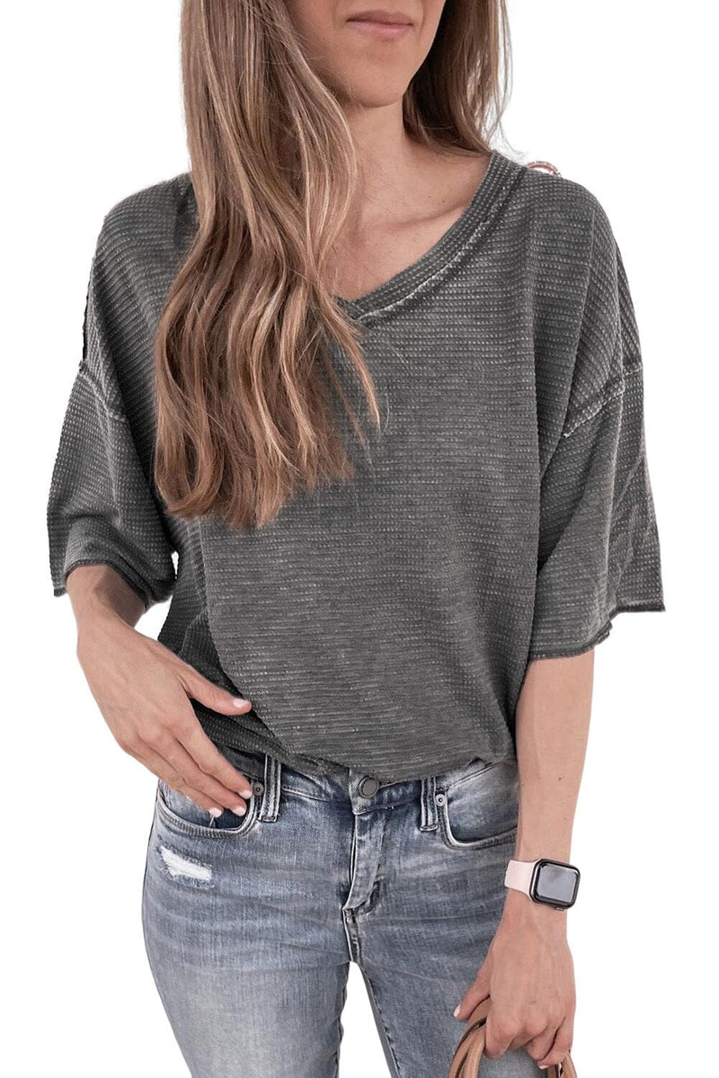 KaleaBoutique Waffle Inside Out Knit Seam Relaxed Shirt Half Sleeve V Neck Oversized Top - KaleaBoutique.com
