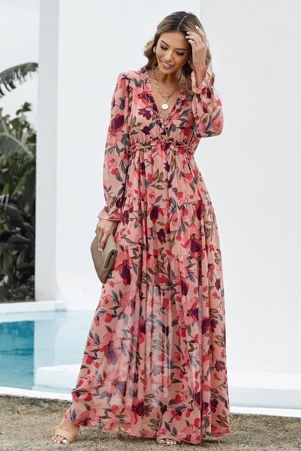 KaleaBoutique Beautiful Wild Lotus Ruffle Tiered Maxi Dress - KaleaBoutique.com