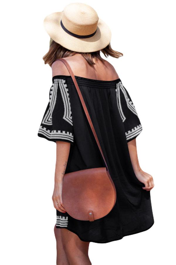 Women Black Bohemian Chic Geometric Print Off Shoulder Summer Beach Wear Cover Up Dress - KaleaBoutique.com