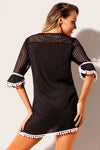 Women Black Embroidered Crochet Applique Neck Pompom Trim Beach Wear Cover Up Dress - KaleaBoutique.com