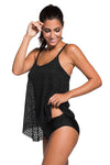 Women Black Lace Crochet Overlay Spaghetti Straps 2 PC Baby Doll Tankini Swimsuit - KaleaBoutique.com