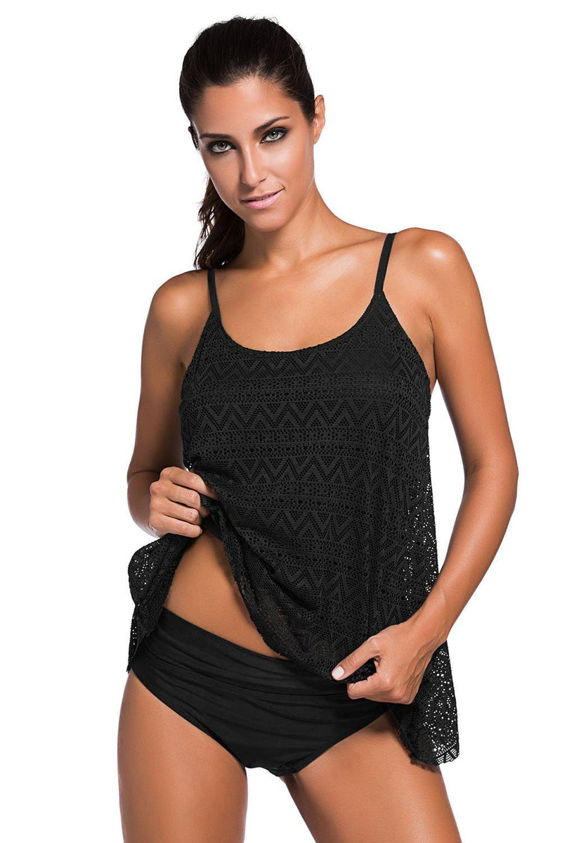 Women Black Lace Crochet Overlay Spaghetti Straps 2 PC Baby Doll Tankini Swimsuit - KaleaBoutique.com