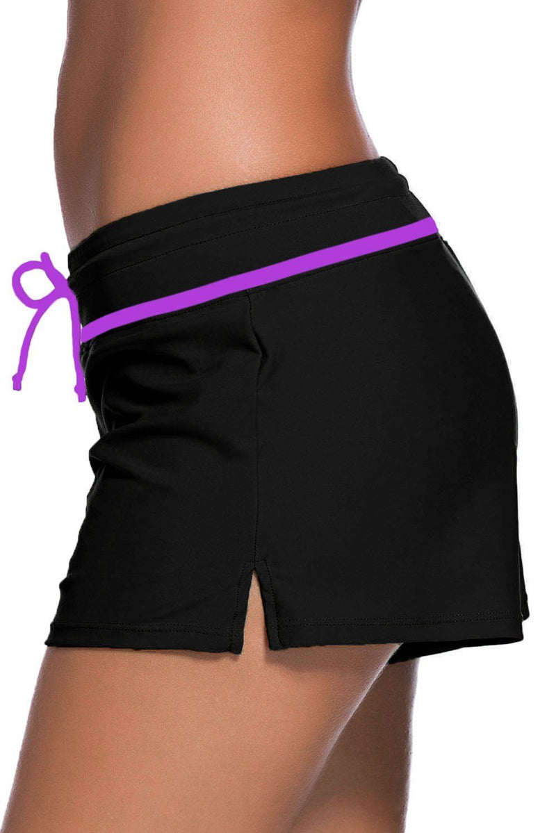 Women Black Purple Trim Relaxed Swim Trunks Shorts Tankini Bottoms Bikini Sport Yoga Board Beach Swimwear - KaleaBoutique.com