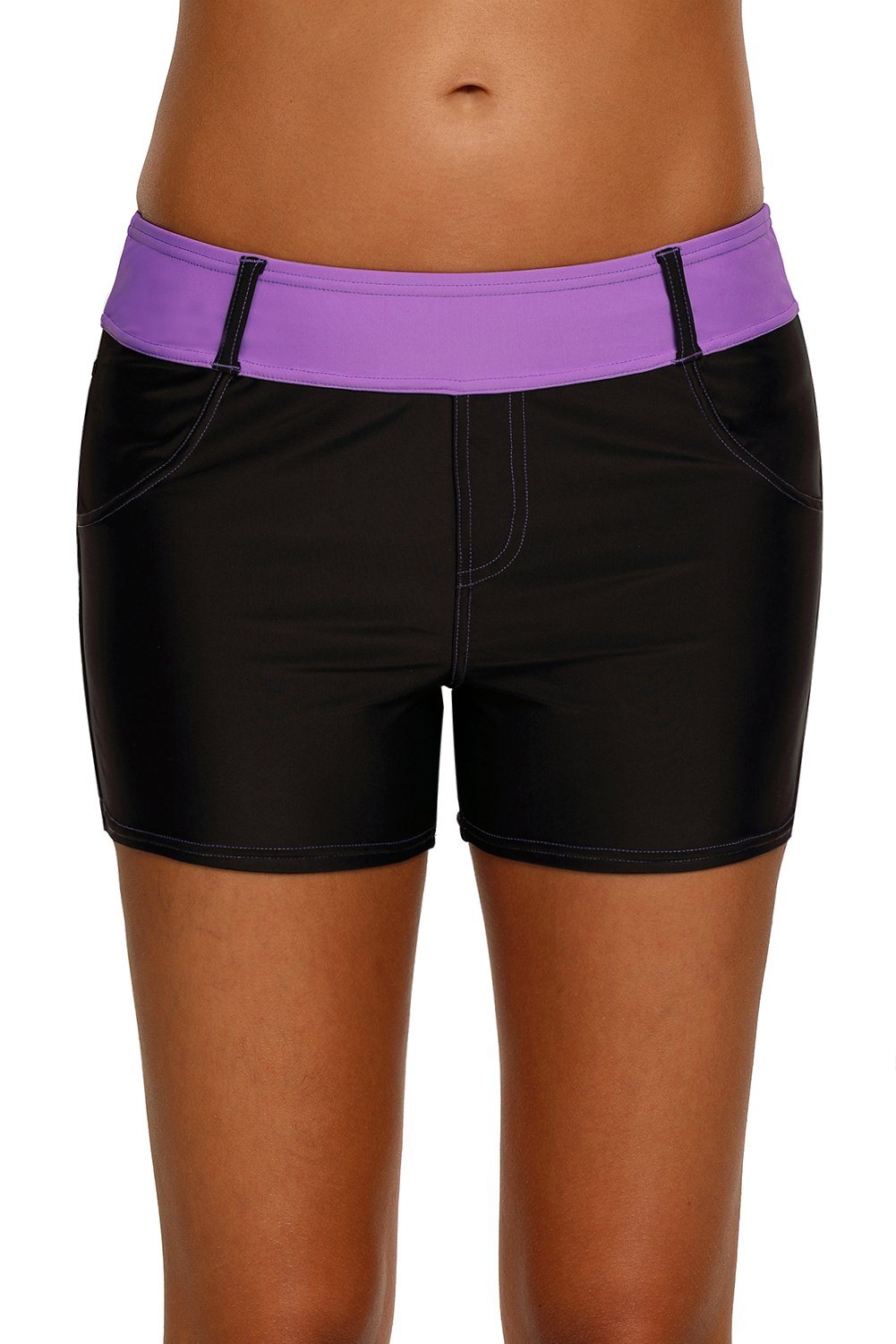 Women Black Swim Board Shorts Purple Waistband Tankini Bottoms Slim Fitted Bikini Trunks - KaleaBoutique.com