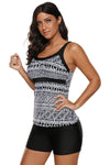 Women Black White Tribal Print 2 PC Tankini Fitted Shorts Swimsuit Beach Swim Wear Set - KaleaBoutique.com