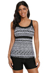 Women Black White Tribal Print 2 PC Tankini Fitted Shorts Swimsuit Beach Swim Wear Set - KaleaBoutique.com