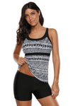 Women Black White Tribal Print 2 PC Tankini Fitted Shorts Swimsuit Beach Swim Wear Set - KaleaBoutique.com