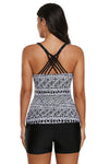 Women Black White Tribal Print 2 PC Tankini Fitted Shorts Swimsuit Beach Swim Wear Set - KaleaBoutique.com