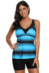Women Blue Black Stripe Print Double Strap 2 PC Tankini and Swim Shorts Swimsuit Set - KaleaBoutique.com