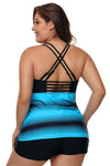 Women Blue Black Stripe Print Double Strap 2 PC Tankini and Swim Shorts Swimsuit Set - KaleaBoutique.com