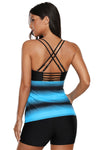 Women Blue Black Stripe Print Double Strap 2 PC Tankini and Swim Shorts Swimsuit Set - KaleaBoutique.com