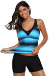 Women Blue Black Stripe Print Double Strap 2 PC Tankini and Swim Shorts Swimsuit Set - KaleaBoutique.com