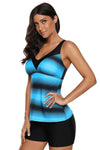 Women Blue Black Stripe Print Double Strap 2 PC Tankini and Swim Shorts Swimsuit Set - KaleaBoutique.com