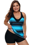 Women Blue Black Stripe Print Double Strap 2 PC Tankini and Swim Shorts Swimsuit Set - KaleaBoutique.com