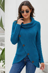 Women Blue Buttoned Asymmetrical Wrap Cowl Neck Knit Sweater - KaleaBoutique.com