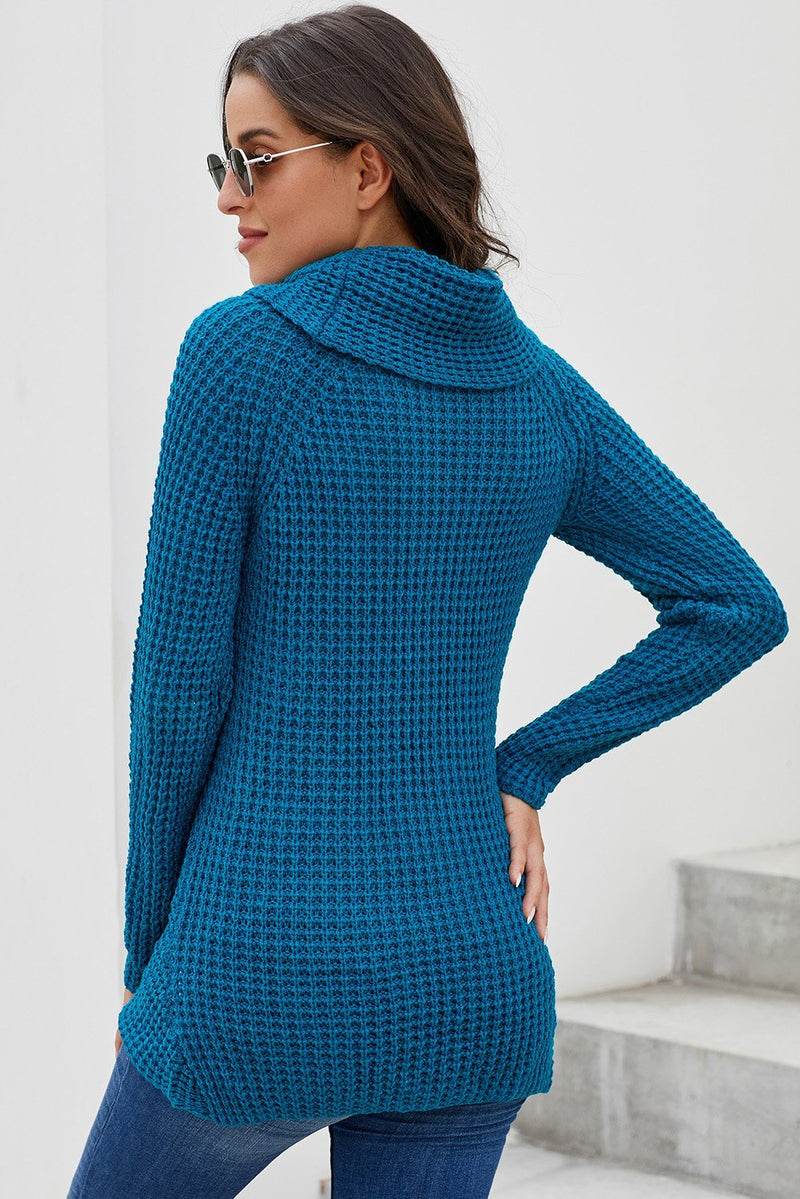 Women Blue Buttoned Asymmetrical Wrap Cowl Neck Knit Sweater - KaleaBoutique.com