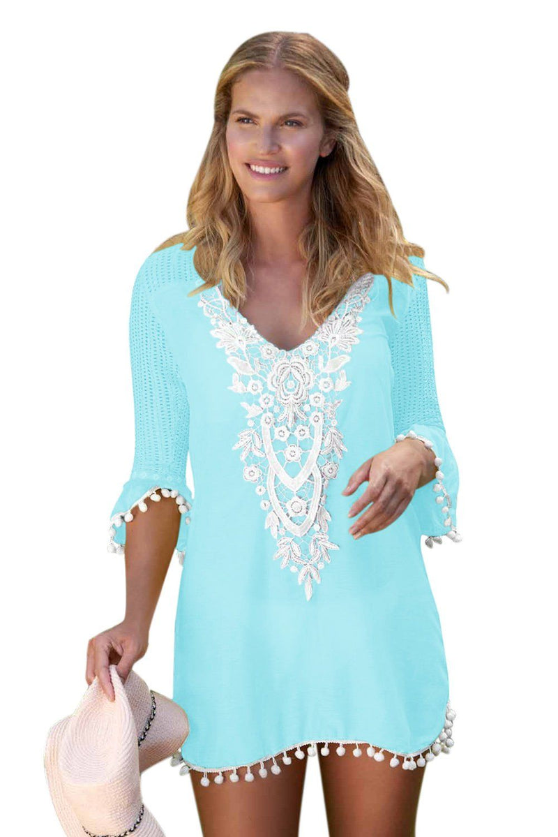 Women Blue Embroidered Crochet Applique Neck Pompom Trim Beach Wear Cover Up Dress - KaleaBoutique.com