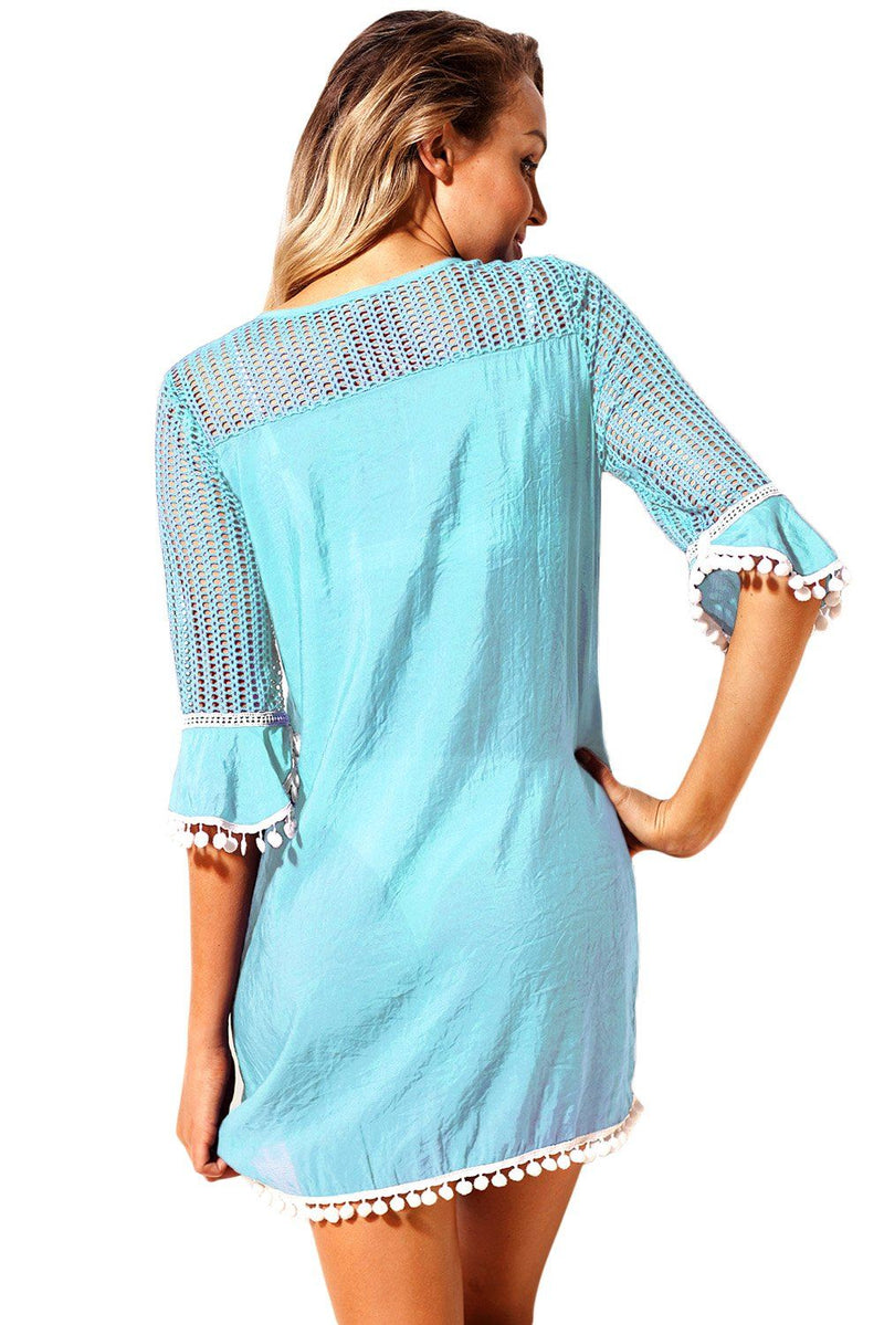 Women Blue Embroidered Crochet Applique Neck Pompom Trim Beach Wear Cover Up Dress - KaleaBoutique.com