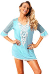 Women Blue Embroidered Crochet Applique Neck Pompom Trim Beach Wear Cover Up Dress - KaleaBoutique.com