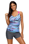 Women Blue Fuzzy Stripe Print Multi String Racer Back Swim Wear Tankini Top - KaleaBoutique.com