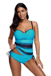 Women Blue Fuzzy Stripe Print Sweetheart Halter Neck 2 PC Tankini Swimsuit Set - KaleaBoutique.com