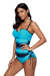 Women Blue Fuzzy Stripe Print Sweetheart Halter Neck 2 PC Tankini Swimsuit Set - KaleaBoutique.com