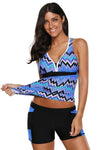 Women Blue Zigzag Print Two Piece Athletic 2 PC Swimsuit Board Shorts Tankini Set - KaleaBoutique.com