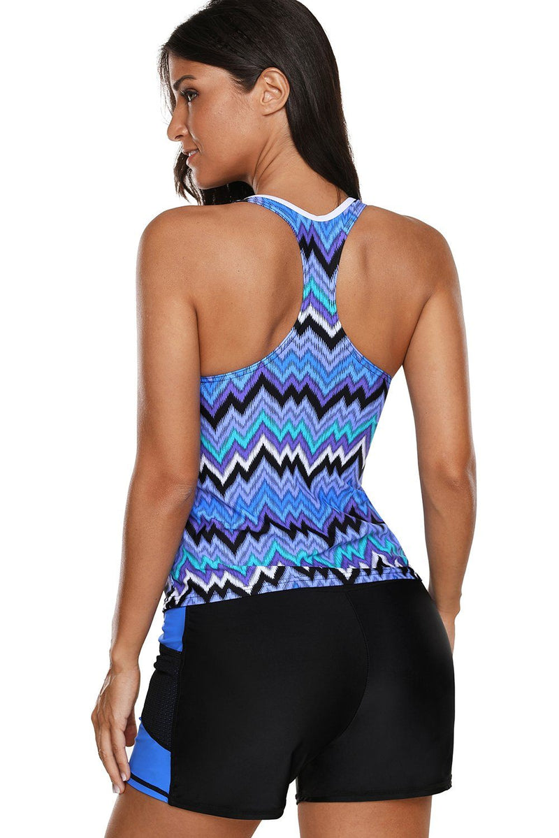 Women Blue Zigzag Print Two Piece Athletic 2 PC Swimsuit Board Shorts Tankini Set - KaleaBoutique.com