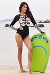 Women Font Zipper Stripes Roses Long Sleeve Rash Guard One Piece Scuba Swimsuit - KaleaBoutique.com