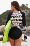 Women Font Zipper Stripes Roses Long Sleeve Rash Guard One Piece Scuba Swimsuit - KaleaBoutique.com