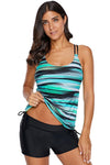 Women Green Abstract Stripe Print Multi Strap Racer Back Tankini Swimsuit Swim Top - KaleaBoutique.com