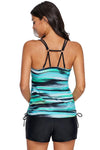 Women Green Abstract Stripe Print Multi Strap Racer Back Tankini Swimsuit Swim Top - KaleaBoutique.com