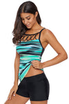 Women Green Tie Dye Striped Print Multi Strap Macrame Weaved Neck Tankini Top - KaleaBoutique.com