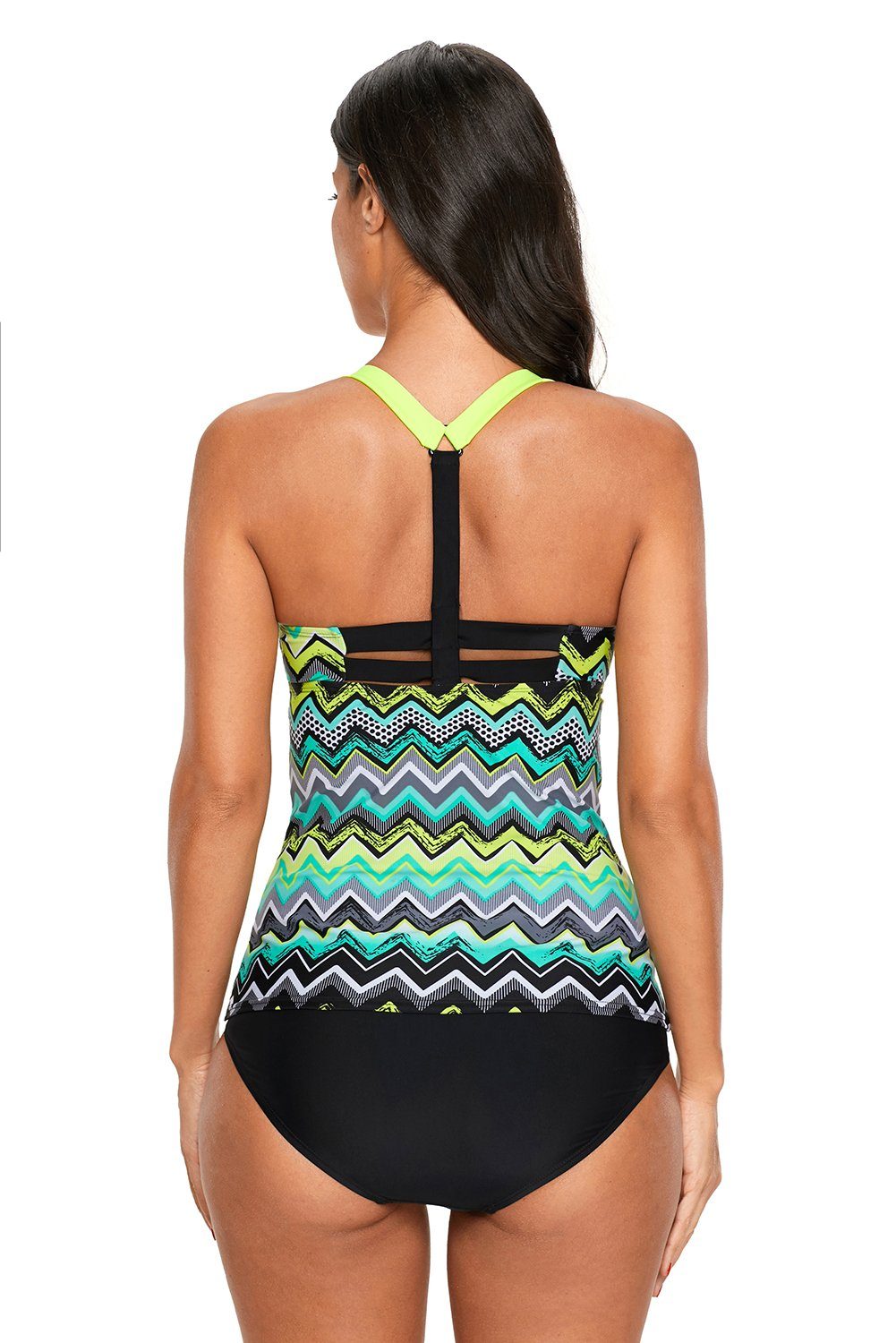 Women Green Yellow Zigzag Print Racer Y- Back Swim Wear Beach Tankini Top - KaleaBoutique.com