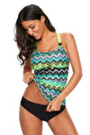 Women Green Yellow Zigzag Print Racer Y- Back Swim Wear Beach Tankini Top - KaleaBoutique.com