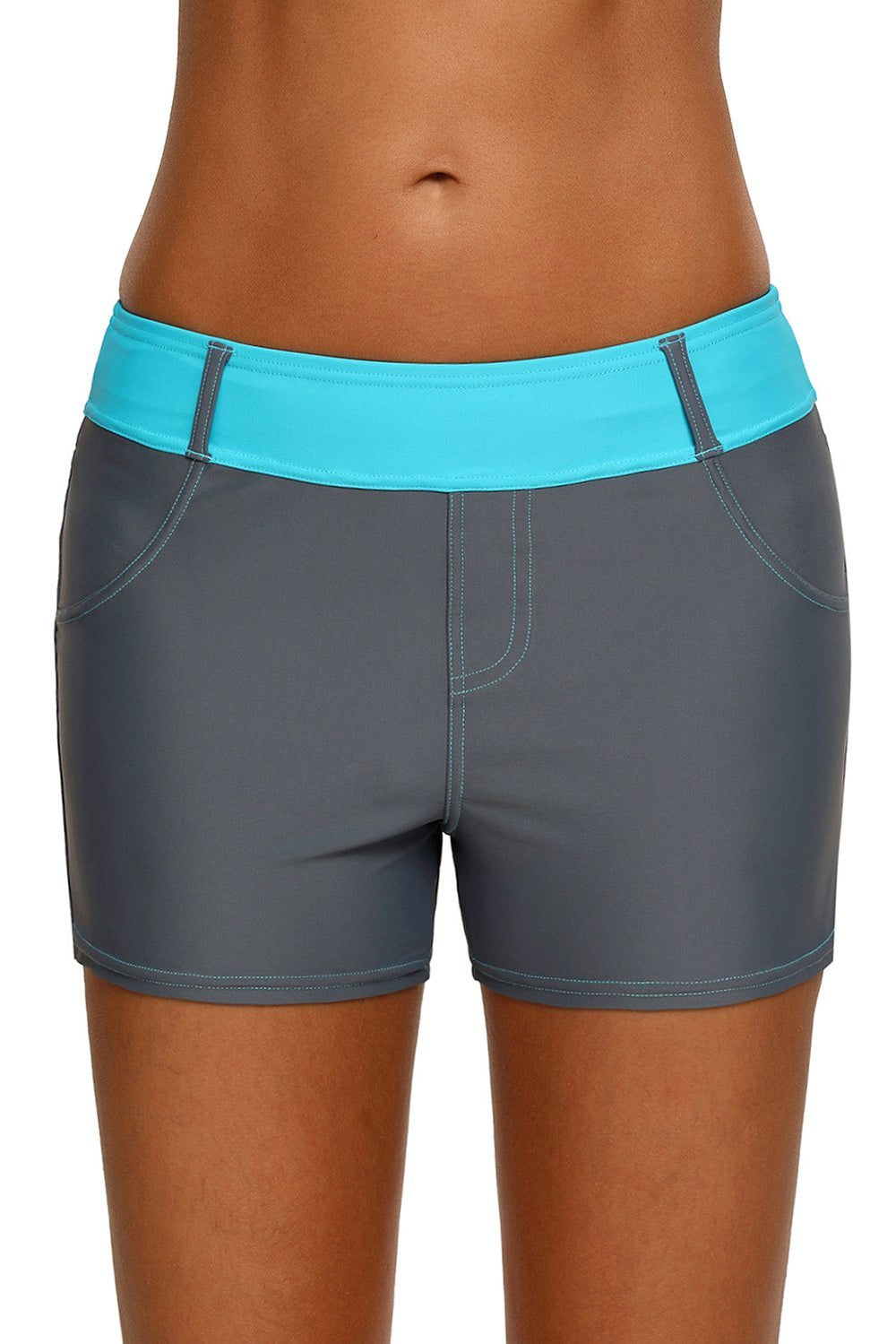 Women Grey Swim Board Shorts Blue Waistband Tankini Bottoms