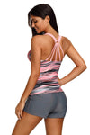 Women Khaki Pink Fuzzy Stripe Print Multi String Racer Back Swim Wear Tankini Top - KaleaBoutique.com