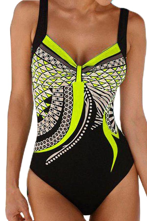 Women Lime Green Yellow Tribal Boho Print Sweetheart Neck One Piece Beach Wear Swimsuit - KaleaBoutique.com