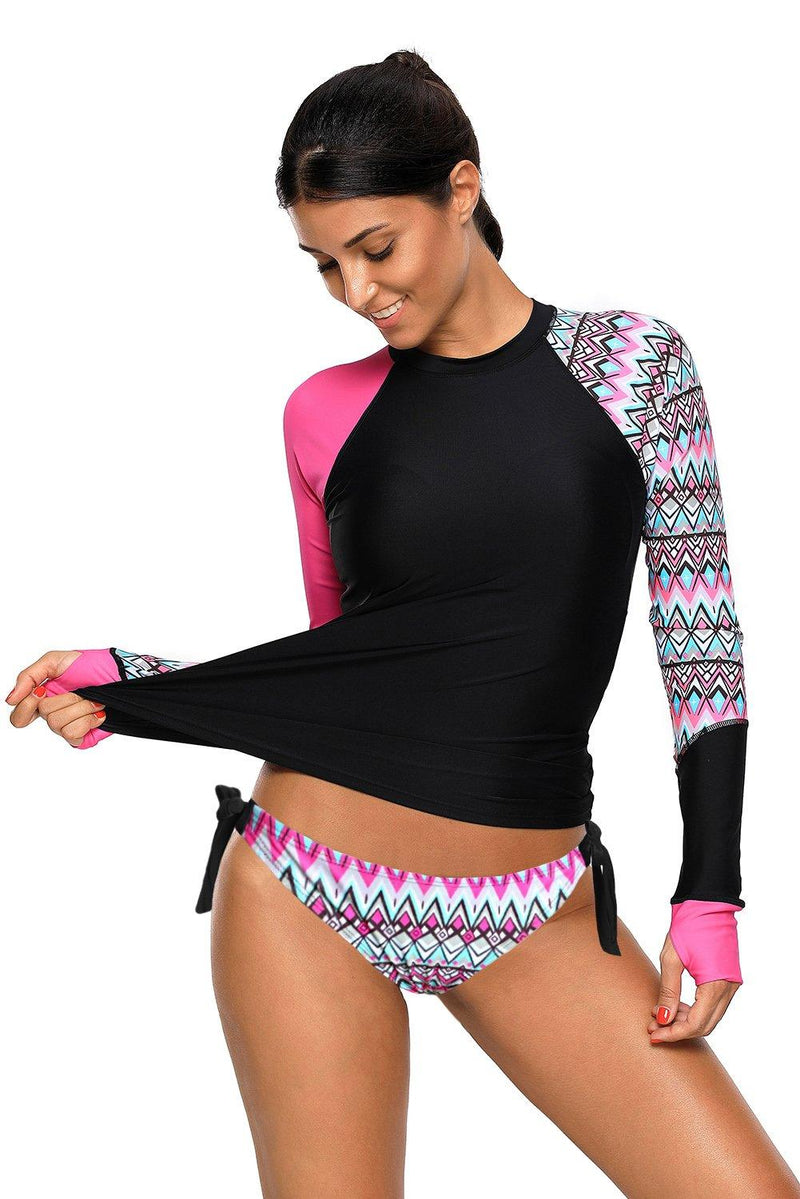 Women Long Sleeve Pink UV Sun Protection UPF 50+ Rash Guard Top 2 Piece Swimsuit Set - KaleaBoutique.com