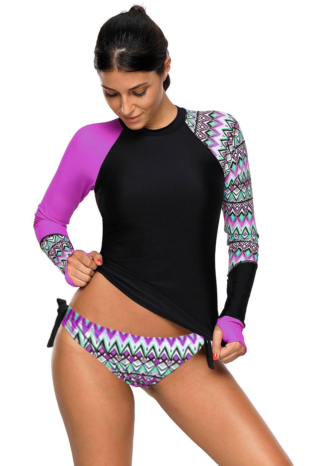 KaleaBoutique Long Sleeve Purple UV Sun Protection UPF 50+ Rash Guard Top 2 Piece Swimsuit Set - KaleaBoutique.com