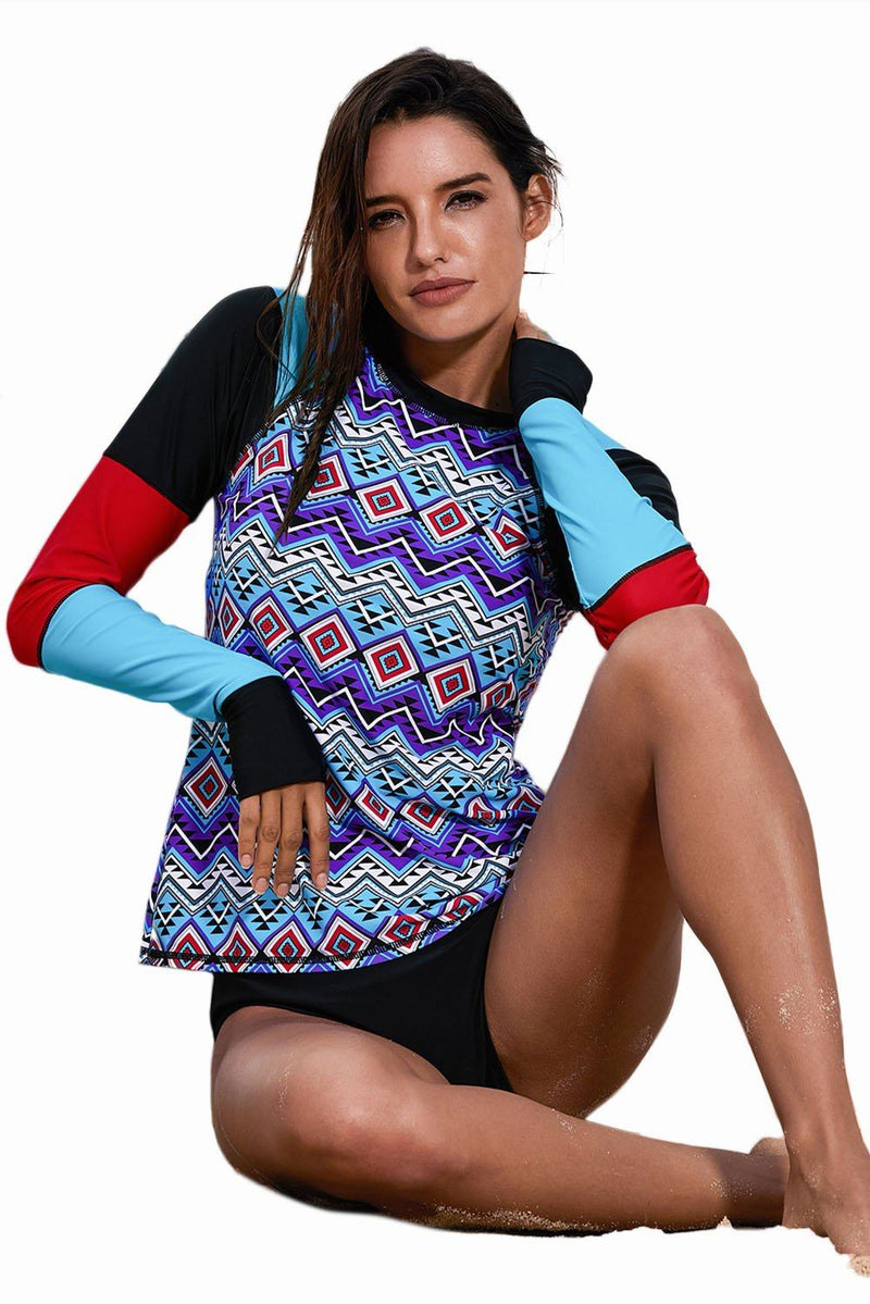 Women Long Sleeve Tribal Print UPF 50+ Swim Wear Rash Guard Pullover Top - KaleaBoutique.com