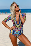 Women Misses Abstract Print Zip Front Short Sleeve Swimwear Rash Guard One Piece Scuba Swimsuit - KaleaBoutique.com