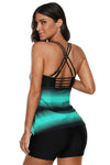 Women Multi Strap Back Green Stripe Print 2 Piece Tankini Swimsuit Bathing Shorts Suit Set - KaleaBoutique.com