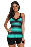 Women Multi Strap Back Green Stripe Print 2 Piece Tankini Swimsuit Bathing Shorts Suit Set - KaleaBoutique.com