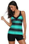 Women Multi Strap Back Green Stripe Print 2 Piece Tankini Swimsuit Bathing Shorts Suit Set - KaleaBoutique.com